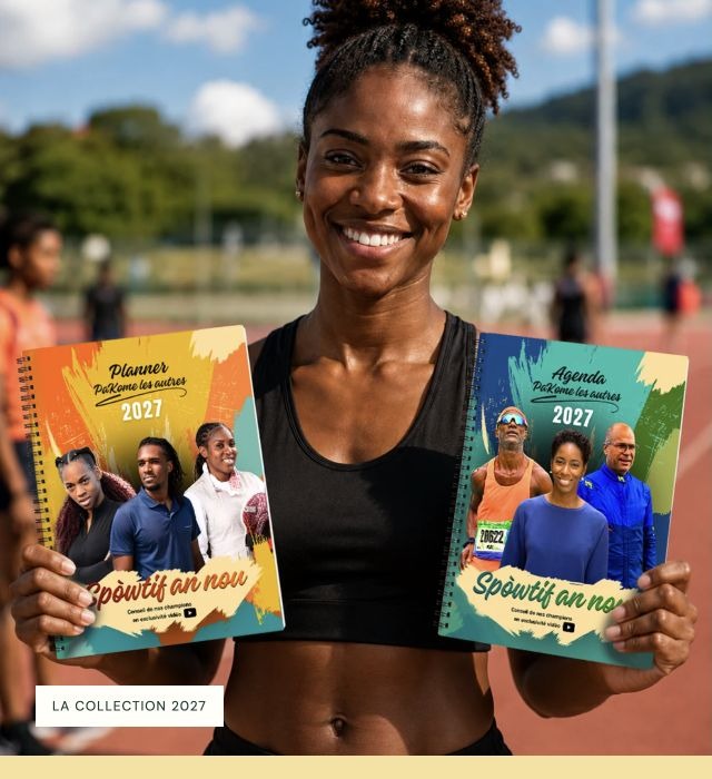 Une athlète guadeloupéenne présentant le planner et l'agenda 2027
